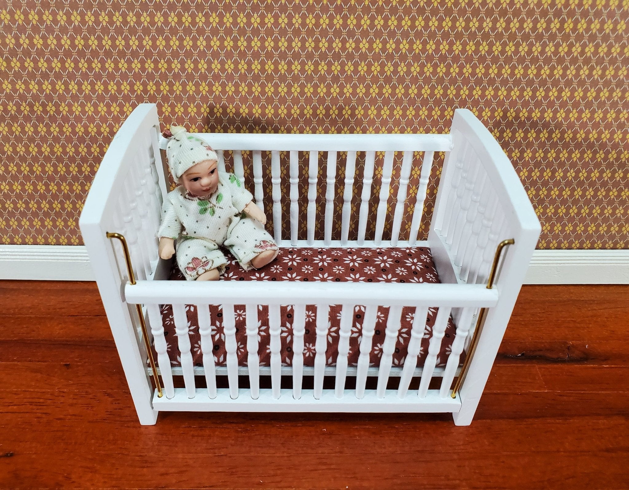 Infant walnut wood highchair, top handmade and handpainted 1:12 scale miniature dollhouse. Artisan