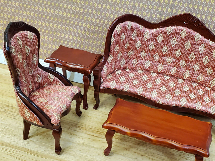 Dollhouse Victorian Living Room Set Sofa Chairs Tables 1:12 Scale Furniture Dark Pink