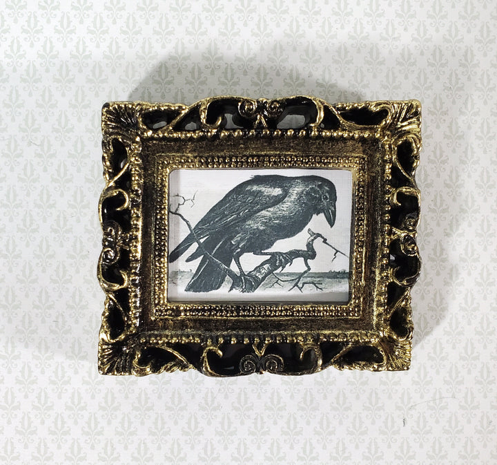 Miniature Vintage Raven Woodcut Framed Print 1:12 Scale Halloween Haunted House