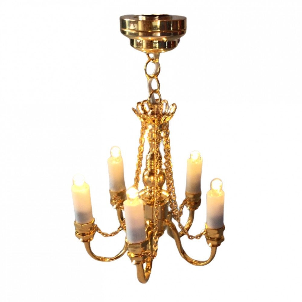 Dollhouse Miniature Battery Light 5 Arm Chandelier with Chains 1:12 Scale