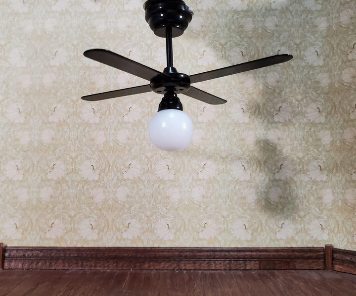 Dollhouse Ceiling Fan Light Black LED Battery 4 Blades 1:12 Scale Houseworks