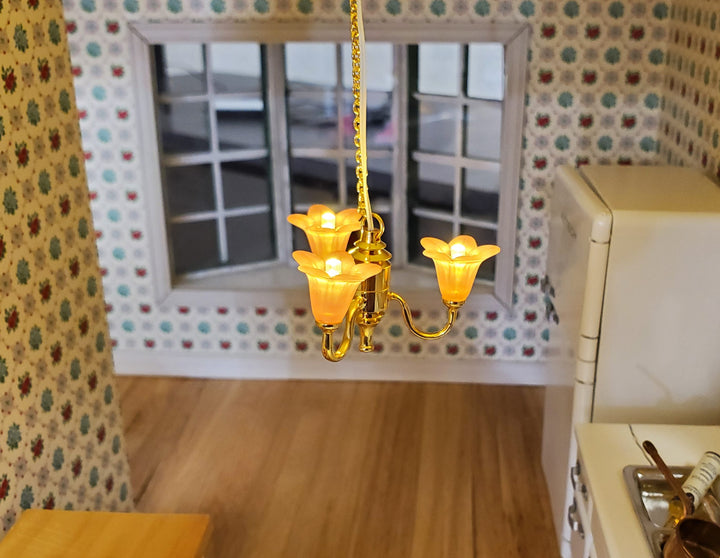 Dollhouse Chandelier Battery Operated Pink Tulips 3 Arm 1:12 Scale Wand Light