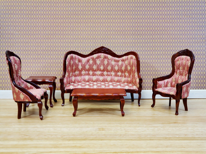 Dollhouse Victorian Living Room Set Sofa Chairs Tables 1:12 Scale Furniture Dark Pink