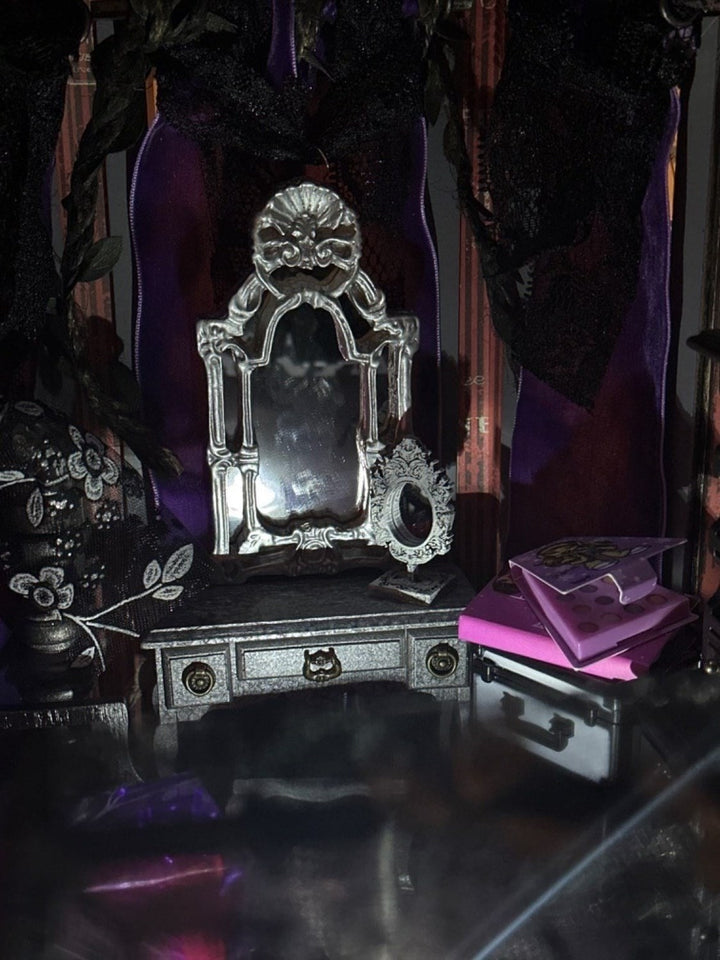 User Image Review showing a spooky purple and black room setup decorated with cloths and dark furniture