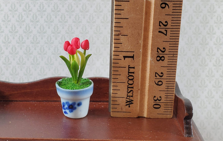 Dollhouse Red Tulips in Blue and White Ceramic Pot 1:12 Scale Miniature Plant