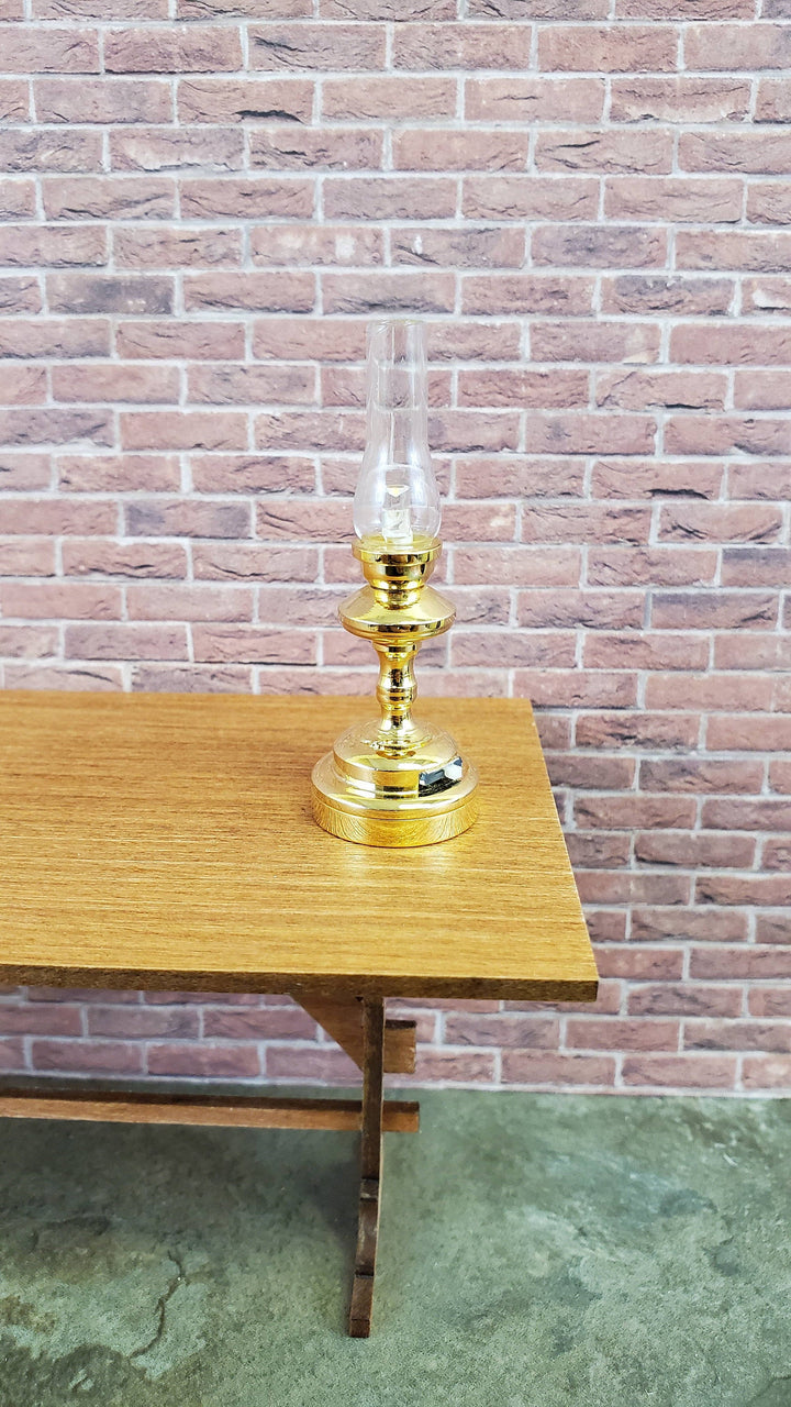 Dollhouse Miniature Battery Light Hurricane Table Lamp Gold 1:12 Scale Lantern