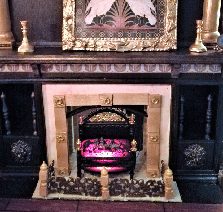 Dollhouse Lit Fire Basket Fireplace Insert Coals 12v with Plug 1:12 Scale Miniature