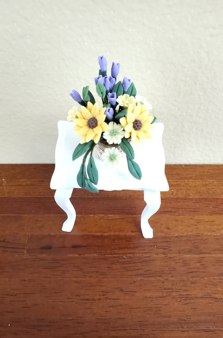 Dollhouse Miniature Flowers Yellow Daisies Purple Tulips in a Twine Basket 1:12 Scale