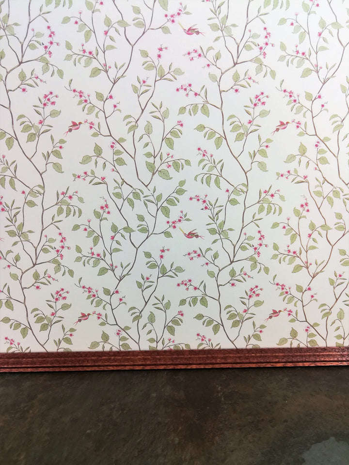 Dollhouse Miniature Wallpaper Brodnax Green & Cream Leaves "Cherry Blossom" 1:12 Scale
