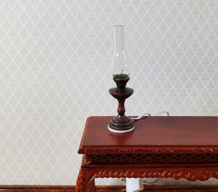 Dollhouse Hurricane Lamp Bronze Finish 12 Volt with Plug 1:12 Scale Lantern