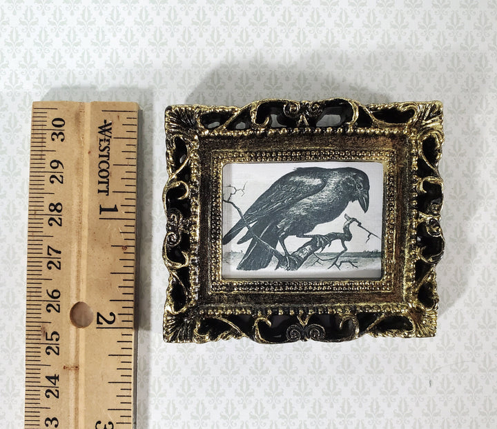 Miniature Vintage Raven Woodcut Framed Print 1:12 Scale Halloween Haunted House