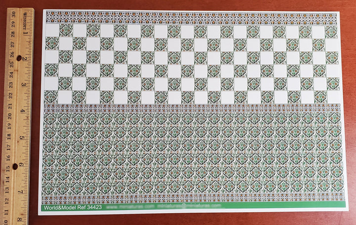 Dollhouse Miniature Wall Tiles Green & White Embossed 1:12 Scale for Kitchens World Model