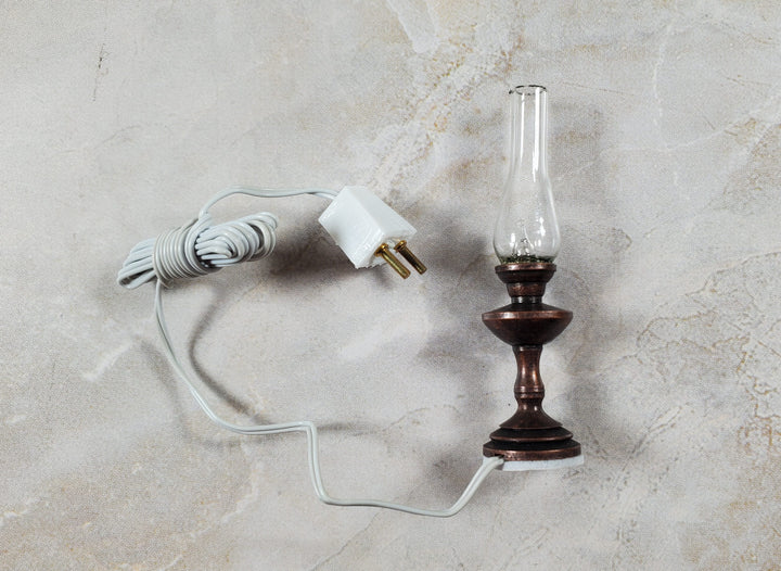Dollhouse Hurricane Lamp Bronze Finish 12 Volt with Plug 1:12 Scale Lantern