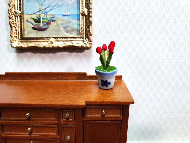 Dollhouse Red Tulips in Blue and White Ceramic Pot 1:12 Scale Miniature Plant