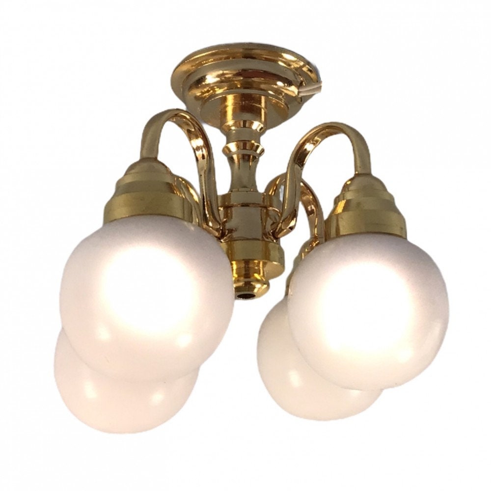 Dollhouse Globe Ceiling Light 4 Arm Down White Shades Hanging Electric 1:12 Scale 12 Volt Dollhouse Lights