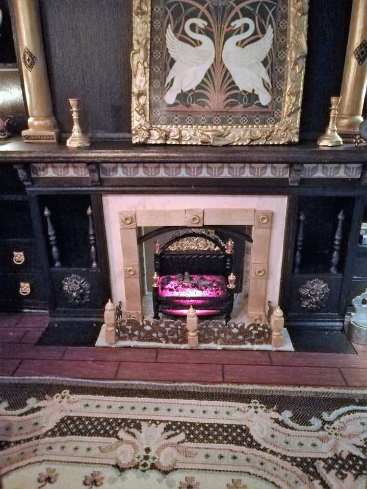 Dollhouse Lit Fire Basket Fireplace Insert Coals 12v with Plug 1:12 Scale Miniature