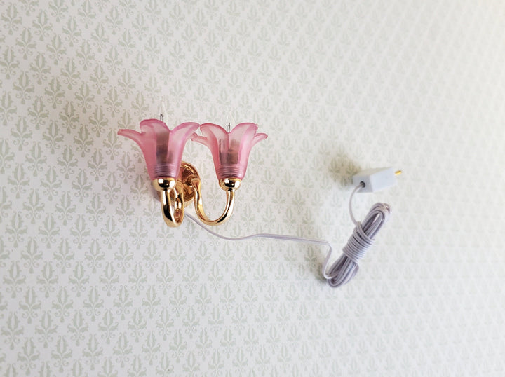 Dollhouse Miniature Sconce Double Flower Pink Shade 12 Volt w/ Plug 1:12 Scale