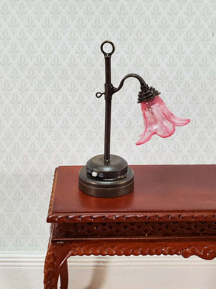 Dollhouse Battery Light Table Lamp Pink Flower Shade Bronze Base 1:12 Scale