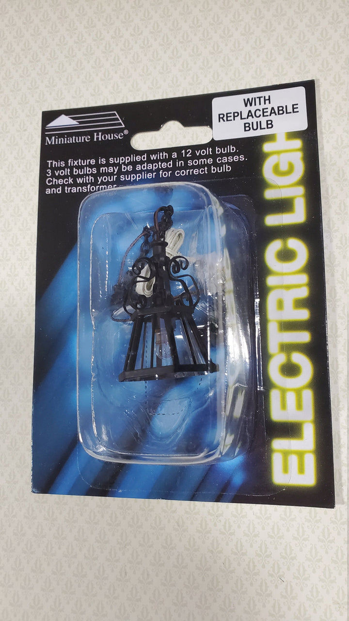 Dollhouse Hanging Light Black Iron Scroll 1:12 Scale 12 Volt Electric with Plug