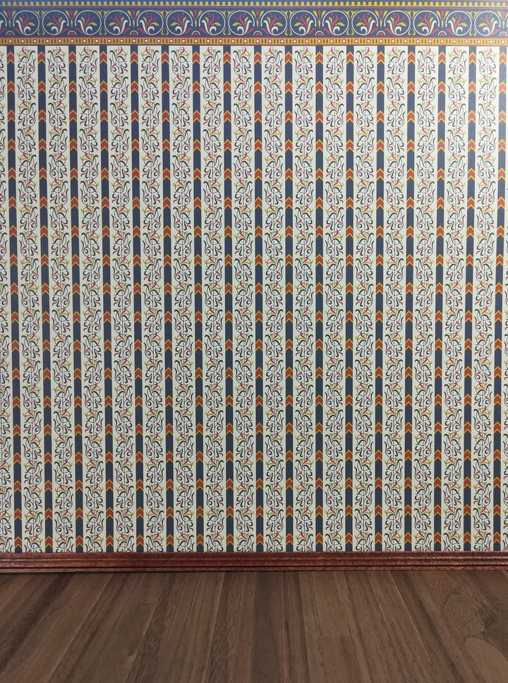 Dollhouse Miniature Wallpaper Brodnax "Renaissance" Blue Cream Gold Red 1:12 Scale