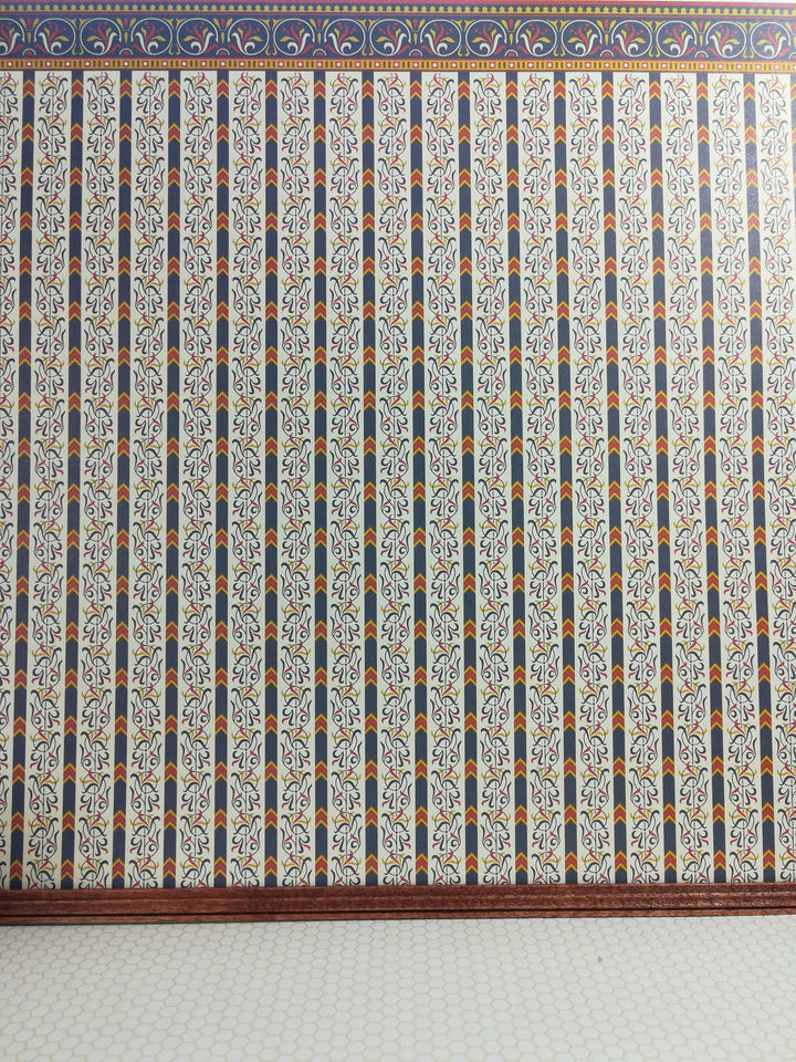 Dollhouse Miniature Wallpaper Brodnax "Renaissance" Blue Cream Gold Red 1:12 Scale