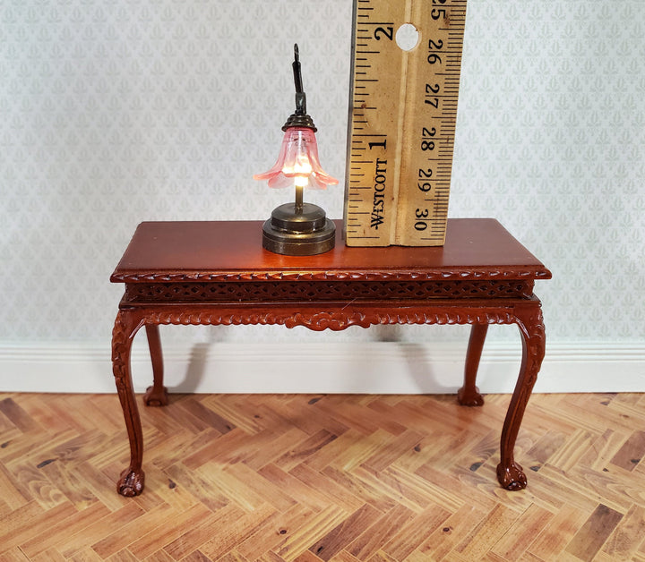 Dollhouse Battery Light Table Lamp Pink Flower Shade Bronze Base 1:12 Scale