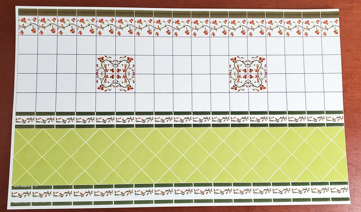 Dollhouse Wall Tiles Green White Floral Embossed 1:12 Scale Miniature by World Model