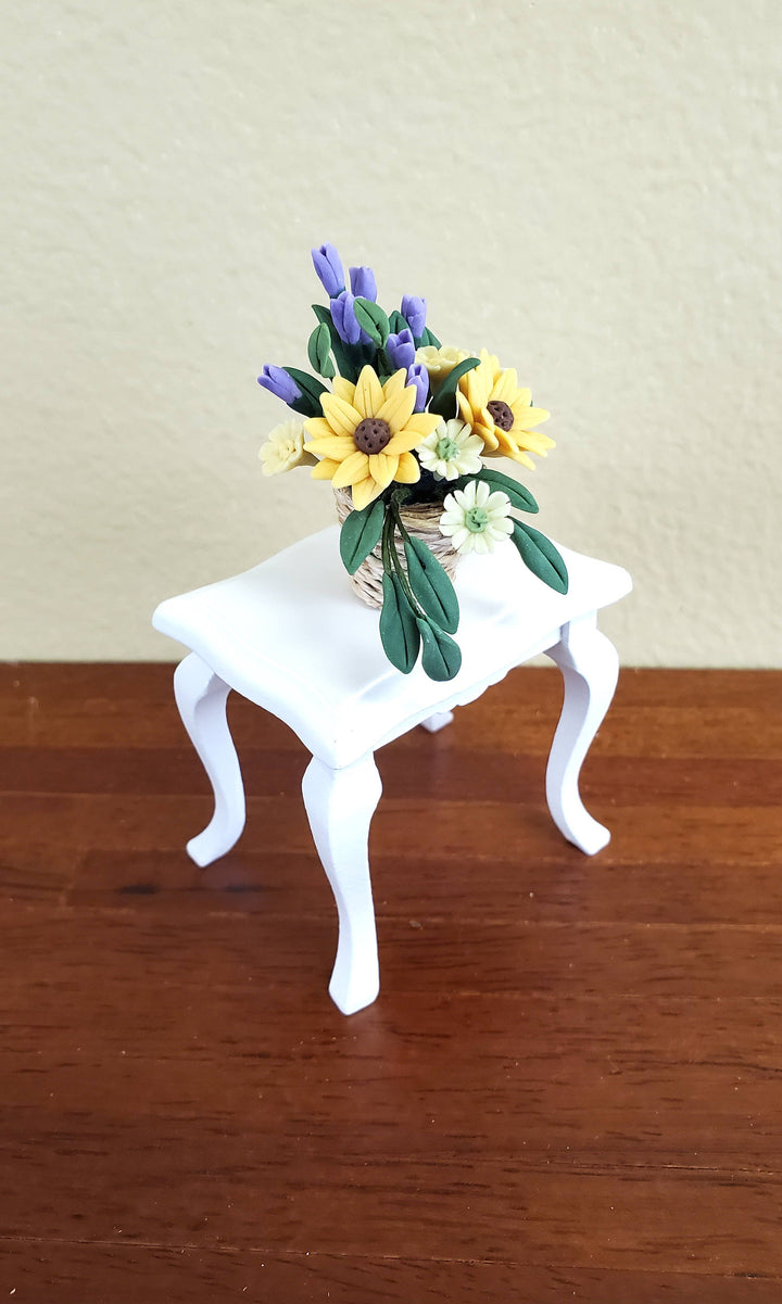 Dollhouse Miniature Flowers Yellow Daisies Purple Tulips in a Twine Basket 1:12 Scale