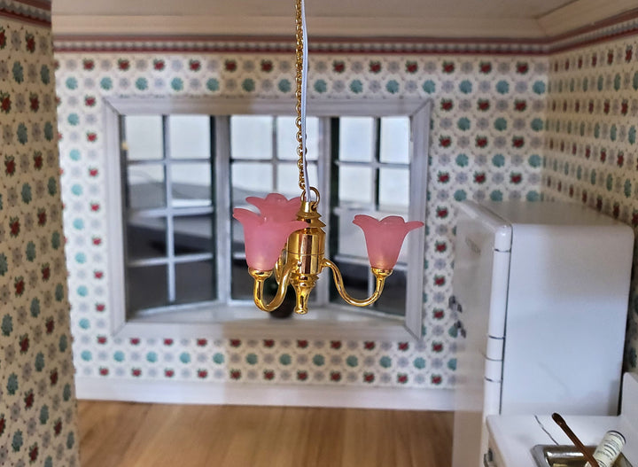 Dollhouse Chandelier Battery Operated Pink Tulips 3 Arm 1:12 Scale Wand Light