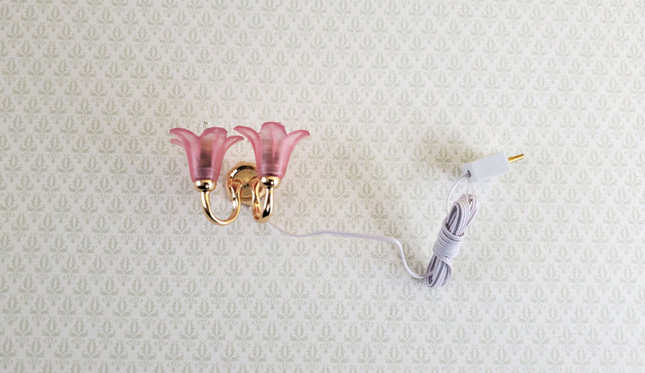 Dollhouse Miniature Sconce Double Flower Pink Shade 12 Volt w/ Plug 1:12 Scale