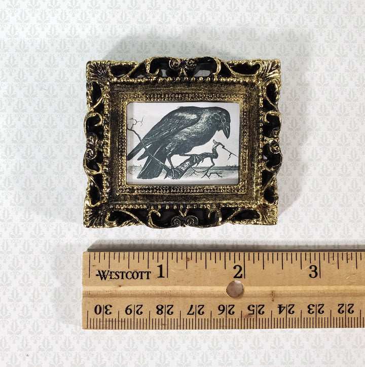 Miniature Vintage Raven Woodcut Framed Print 1:12 Scale Halloween Haunted House