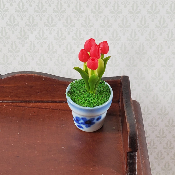 Dollhouse Red Tulips in Blue and White Ceramic Pot 1:12 Scale Miniature Plant