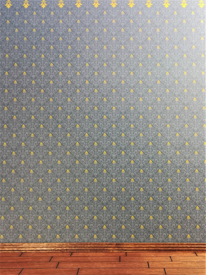 Dollhouse Miniature Wallpaper Brodnax Victorian Blue & Gold "Flambeau" 1:12 Scale