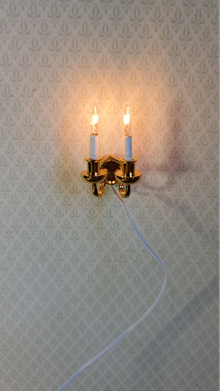 Dollhouse Wall Sconce Double Candle Gold 12 Volt with Plug 1:12 Wall Light