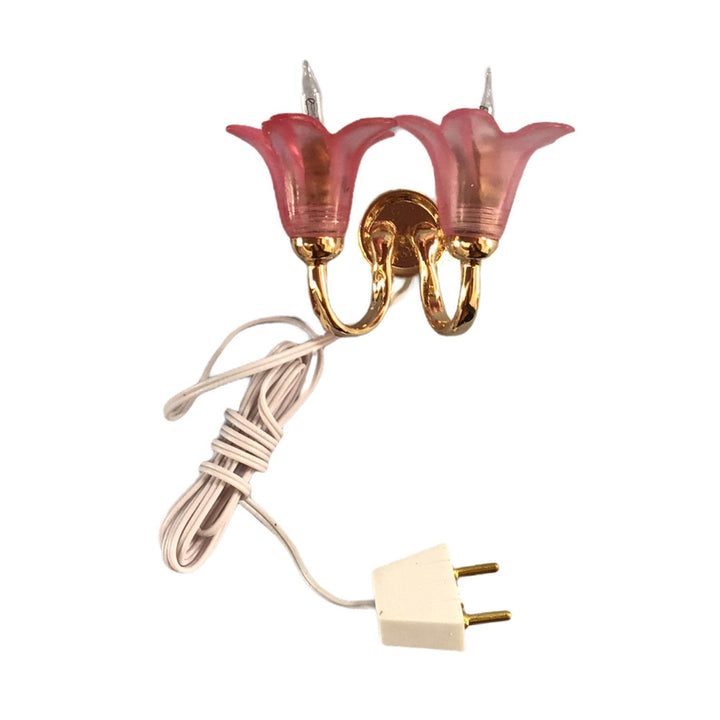 Dollhouse Miniature Sconce Double Flower Pink Shade 12 Volt w/ Plug 1:12 Scale
