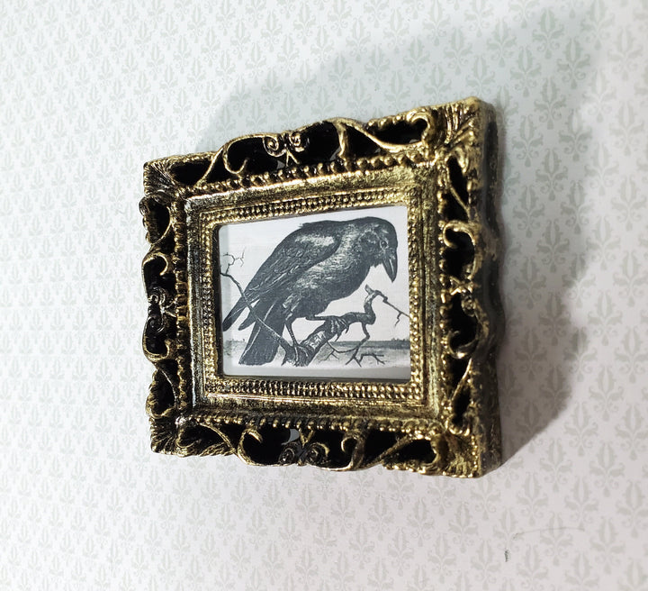 Miniature Vintage Raven Woodcut Framed Print 1:12 Scale Halloween Haunted House