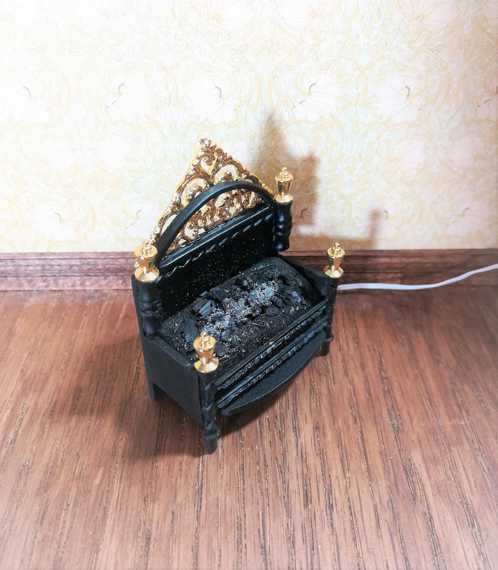 Dollhouse Lit Fire Basket Fireplace Insert Coals 12v with Plug 1:12 Scale Miniature