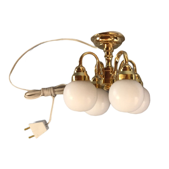 Dollhouse Globe Ceiling Light 4 Arm Down White Shades Hanging Electric 1:12 Scale 12 Volt Dollhouse Lights