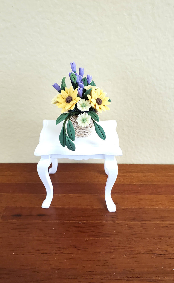 Dollhouse Miniature Flowers Yellow Daisies Purple Tulips in a Twine Basket 1:12 Scale