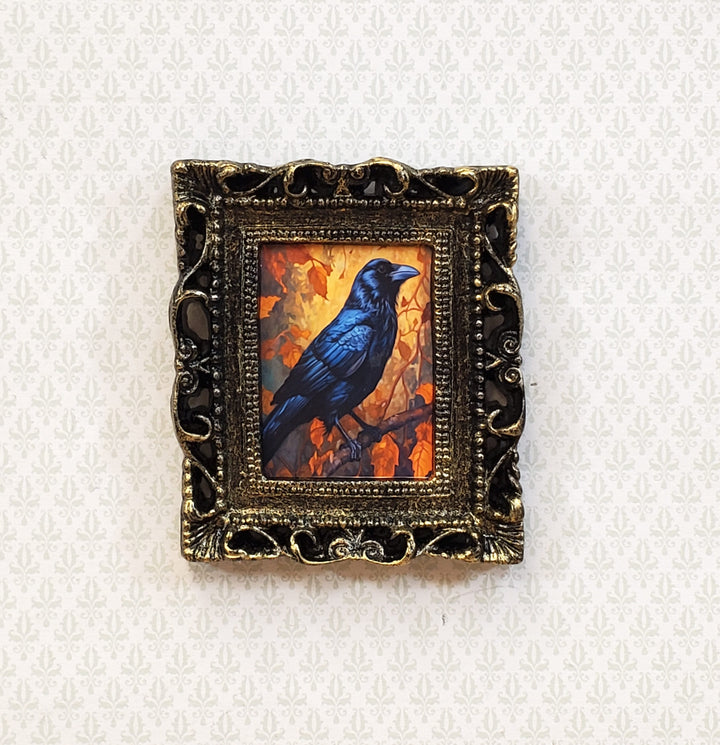 Miniature Raven with Fall Background Framed Print 1:12 Scale Halloween Haunted House