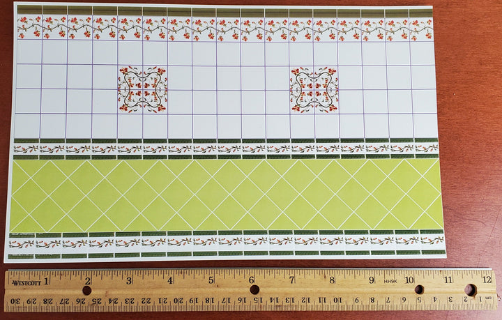 Dollhouse Wall Tiles Green White Floral Embossed 1:12 Scale Miniature by World Model
