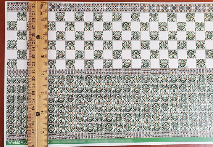 Dollhouse Miniature Wall Tiles Green & White Embossed 1:12 Scale for Kitchens World Model