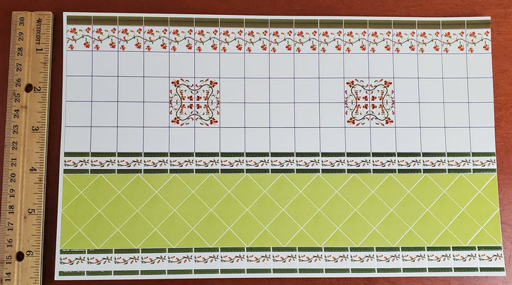 Dollhouse Wall Tiles Green White Floral Embossed 1:12 Scale Miniature by World Model