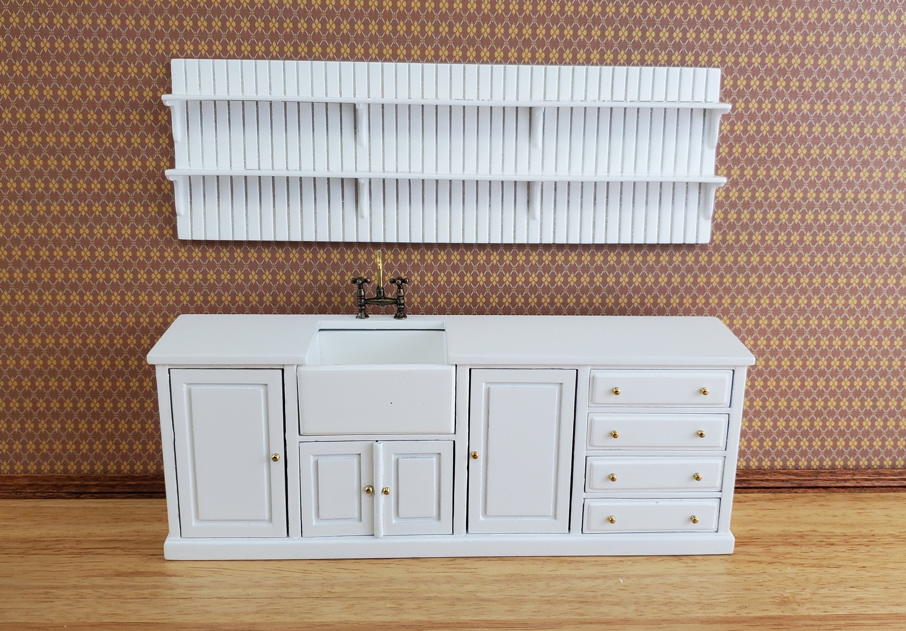 JBM Dollhouse Kitchen Sink Cabinet & Wall Plate Shelf White 1:12 Scale ...