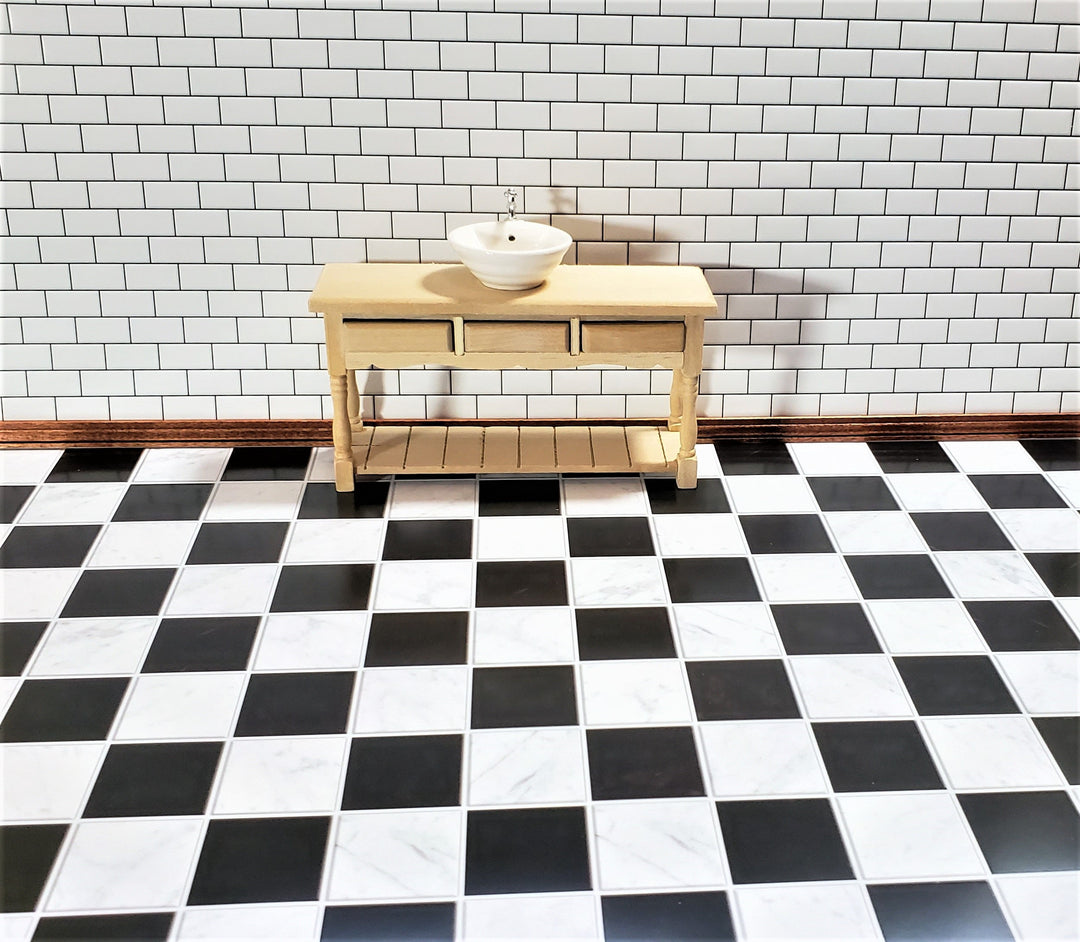 Dollhouse Marble Tile Floor Black & White Semi-Gloss Card 1 1/16" Squares
