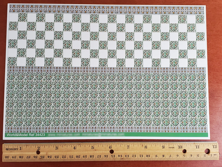 Dollhouse Miniature Wall Tiles Green & White Embossed 1:12 Scale for Kitchens World Model