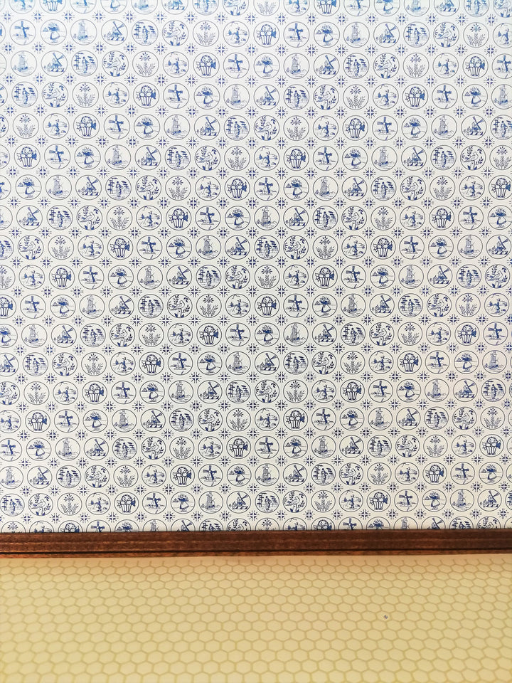 Dollhouse Wallpaper "Compact Dutch Tile" Delft Style Jackson's Miniatures Kitchen 1:12 Scale Blue & White