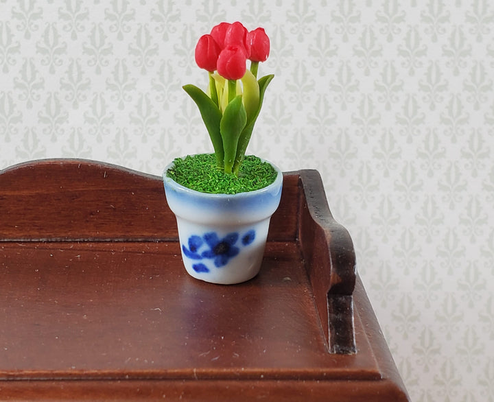 Dollhouse Red Tulips in Blue and White Ceramic Pot 1:12 Scale Miniature Plant