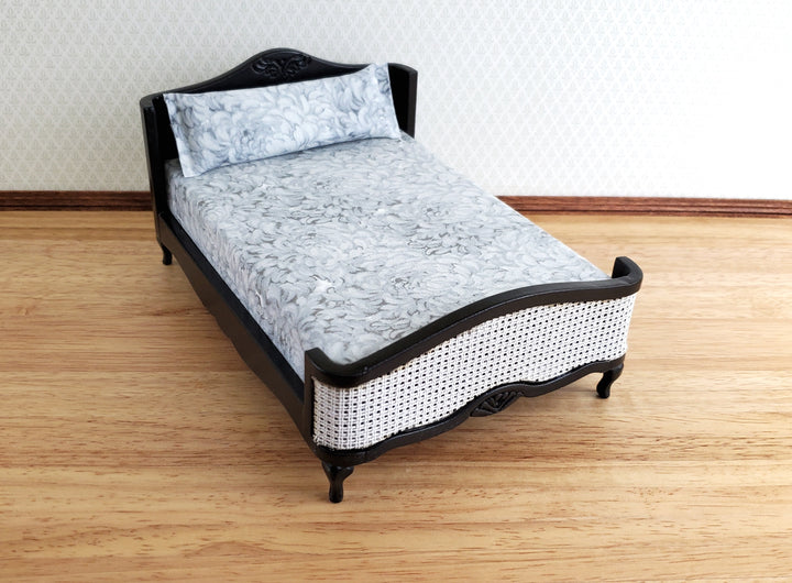 Dollhouse Double Bed Black with Mattress Pillow 1:12 Scale Bedroom Furniture