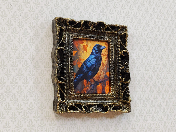 Miniature Raven with Fall Background Framed Print 1:12 Scale Halloween Haunted House